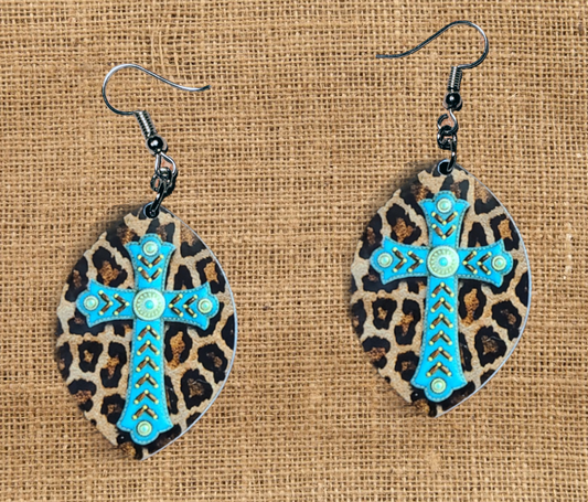 Turquoise Cross with Animal Print Earrings